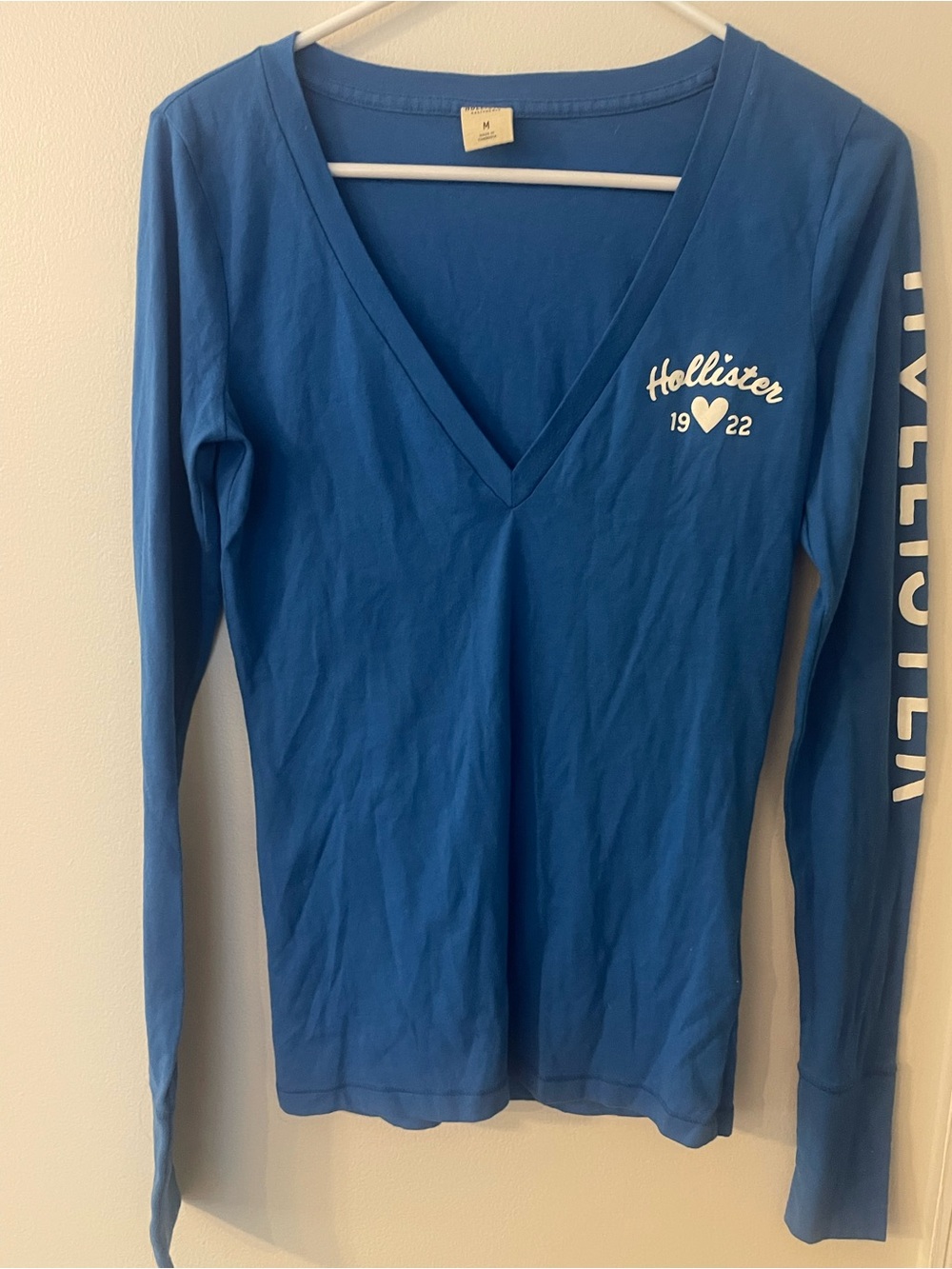 Hollister Royal Blue V-Neck Long Sleeve Tee with Sleeve Script